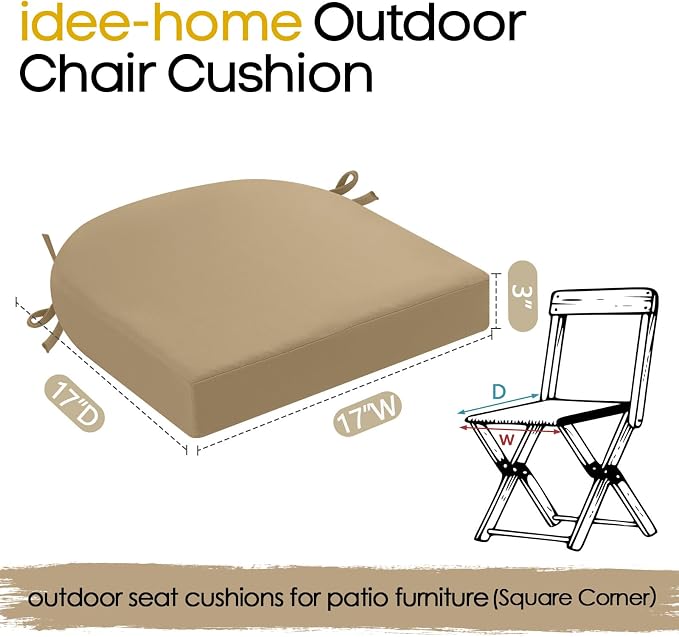 idee-home Outdoor Chair Cushions Set of 4, Thick 17" x 17" x 3" Patio Chair - Image 8