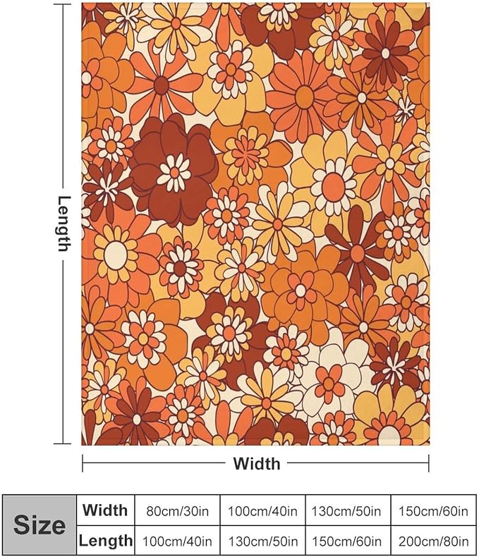 Vintage 70s Throw Blanket, Boho Hippie Bright Orange Flowers Groovy Abstract - Image 2