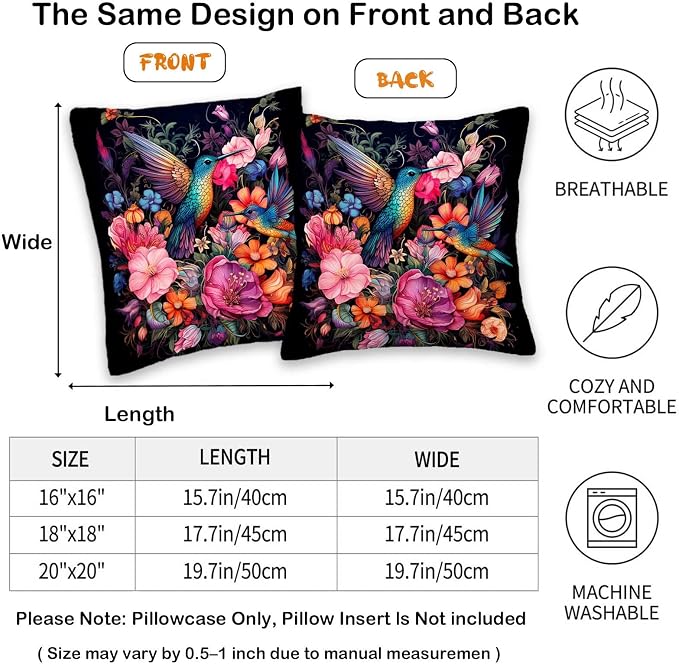 Hummingbird Throw Pillow Covers 18x18 Set of 2 | Reversible Decorative Cushion - Image 6