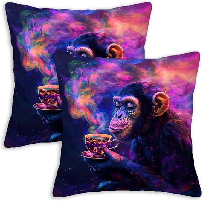 Trippy Monkey Throw Pillow Covers Set of 2 | Hippie Decorative Square Cushion by Unknown