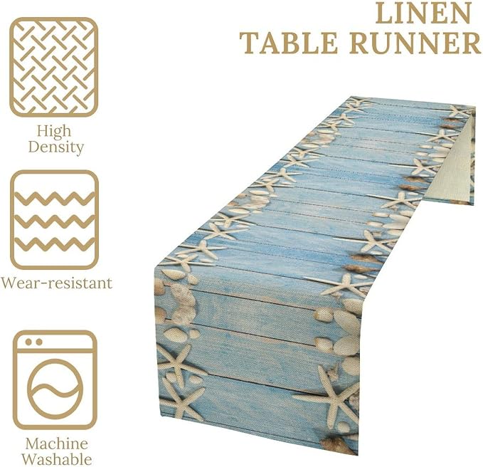Summer Beach Starfish Table Runner Beach Seashells Blue Rustic Wood Printed - Image 5