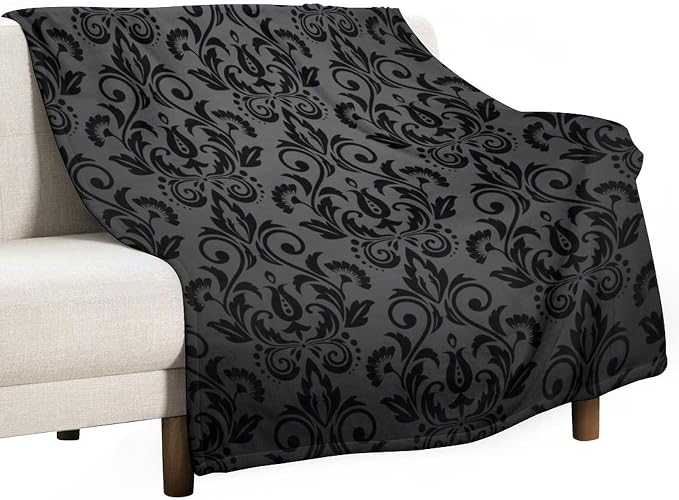 Black Damask Blanket, Antique Victorian Style Gothic Vintage Black Floral by JanJCurt