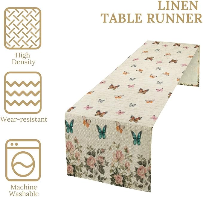 Retro Butterfly Table Runner Kids Girls Watercolor Vintage Pink Rose Floral - Image 4