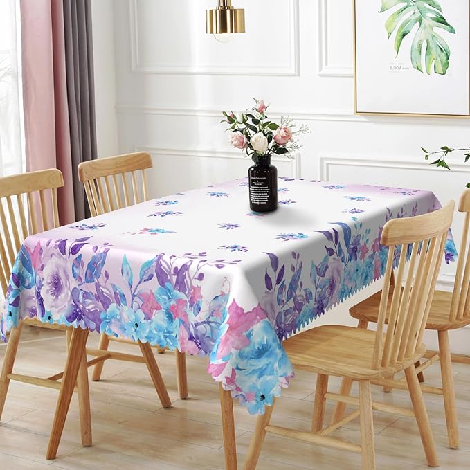 54x78inches Floral Rectangle Tablecloth Watercolor Purple Blue Flowers Printed by TTQYFNM