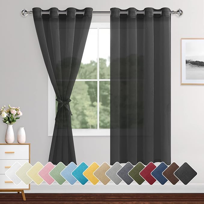 XWZO Black Sheer Curtains for Bedroom, Semi Transparent Light Filtering Grommet by XWZO