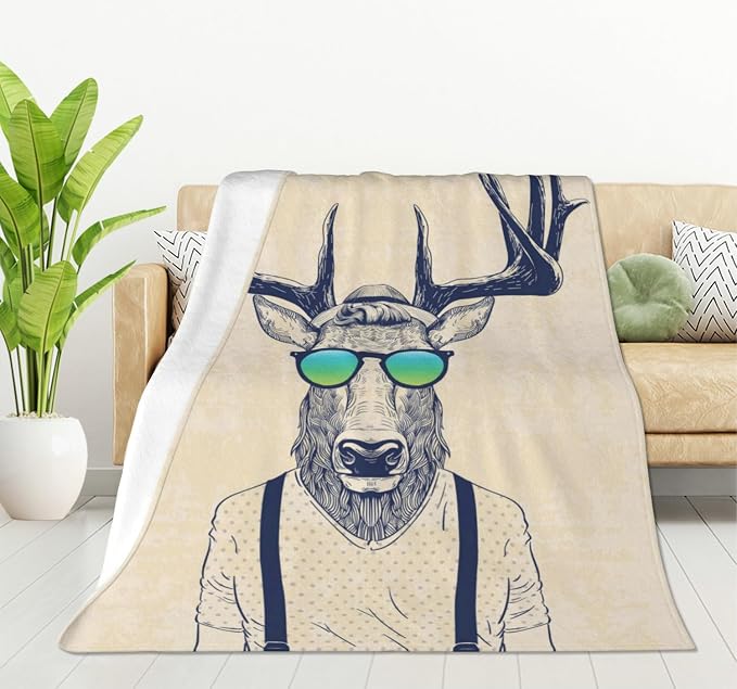 HGOD DESIGNS Deer Throw Blanket Deer Dressed up Like Cool Hipster Blanket Super by HGOD+DESIGNS