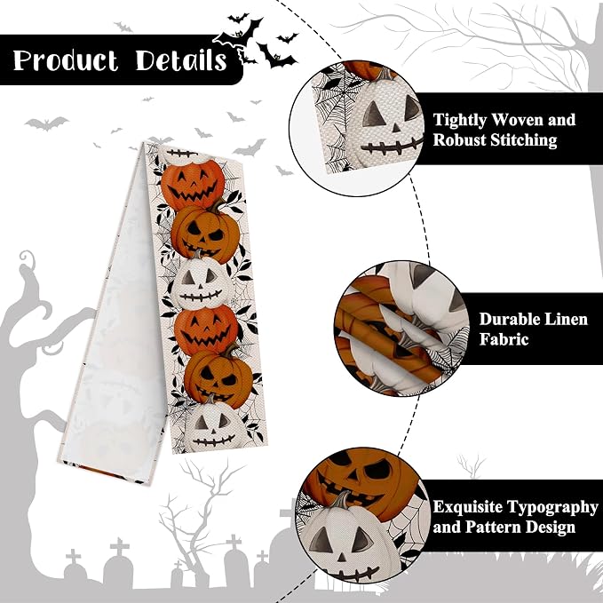 Happy Halloween Table Runner Pumpkin White Spider Web Fall Kitchen Dining Table - Image 7