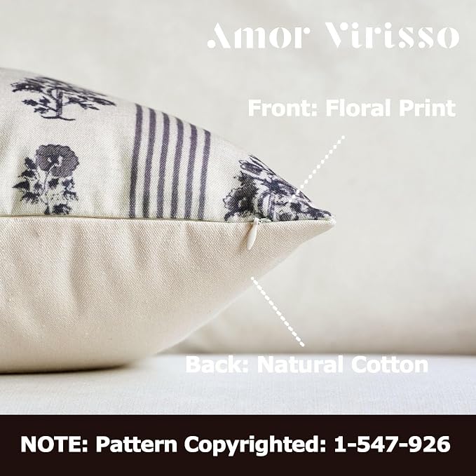 Amor Virisso Floral Throw Pillow Covers 18x18 Set of 2 Block Print Pillow - Image 2
