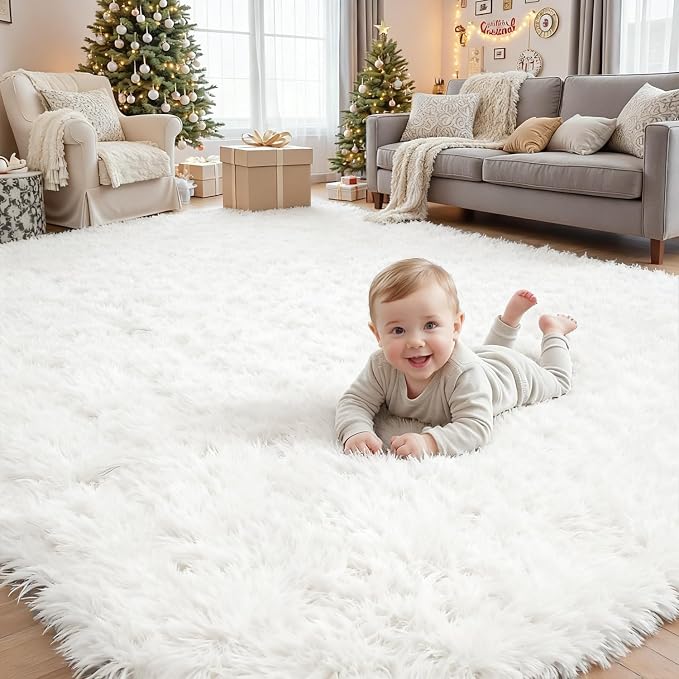 6x9 Area Rugs for Living Room Rug: Soft Fluffy Shag White Rugs for Bedroom - Image 3