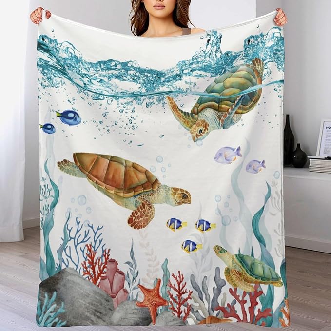 Sea Turtle Throw Blanket, Teal Blue Ocean Underwater Animal Starfish Fish - Image 8