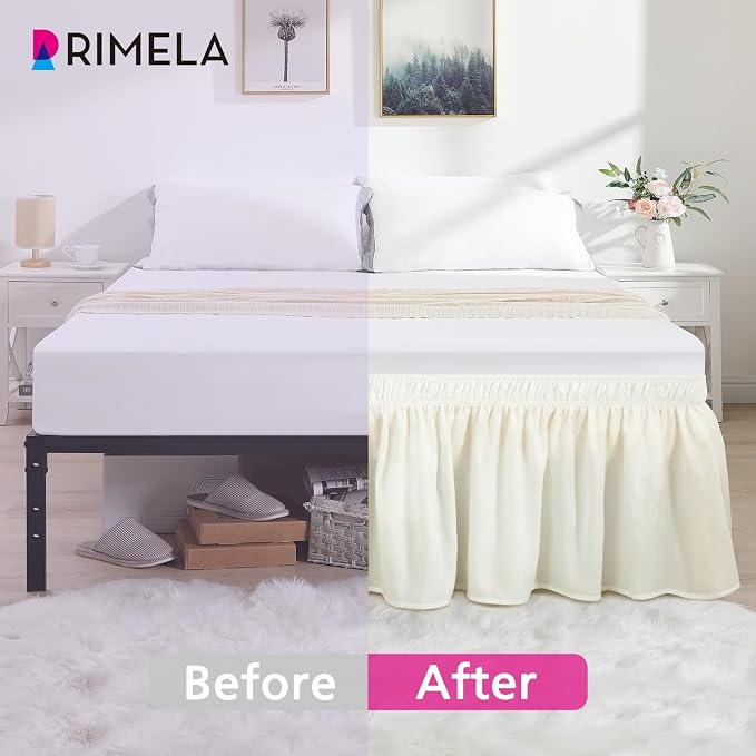 RIMELA Cream Bed Skirt Wrap Around Elastic Dust Ruffles Solid Color Wrinkle and - Image 5