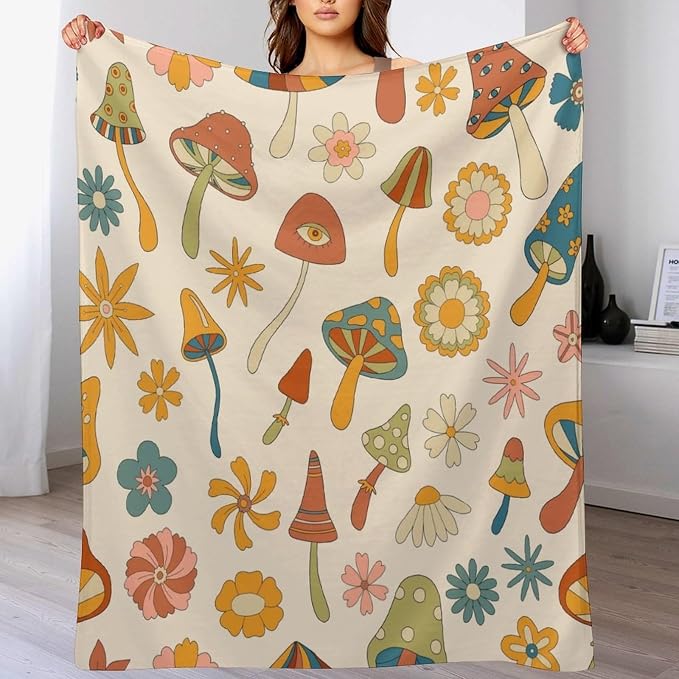 70s Mushroom Throw Blanket, Retro 60s Groovy Mushroom Boho Hippie Flowers Print - Image 8