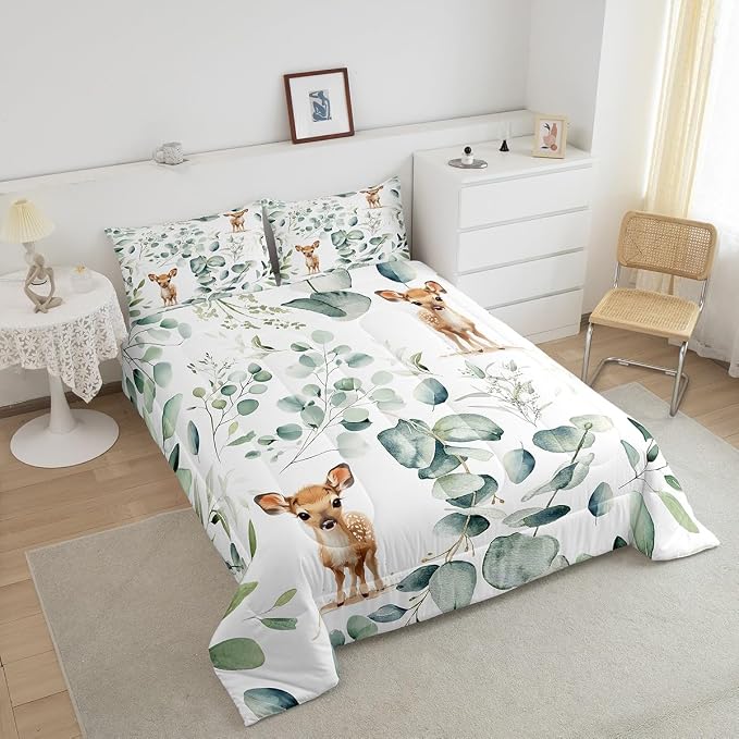 Erosebridal Cartoon Deer Queen Comforter Set Toddler Woodland Wildlife Bedding - Image 4