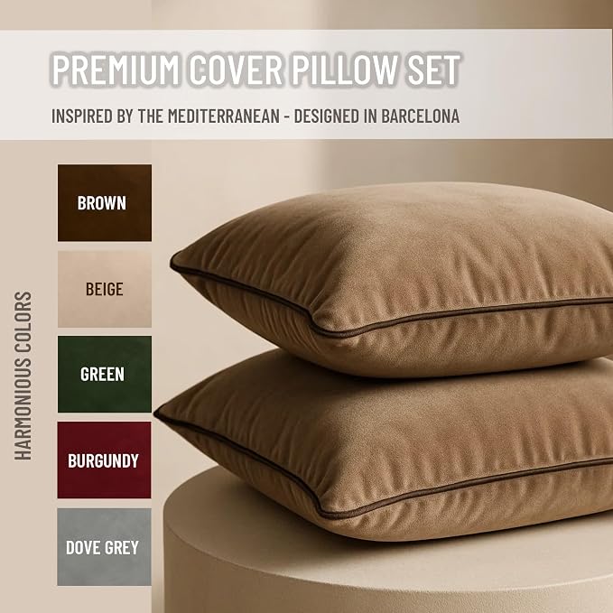 2 Pack Velvet Decorative Throw Pillow Covers, Camel and Brown, Contrast Piping - Image 2