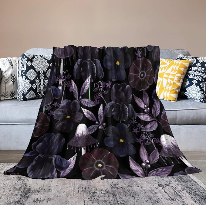 Gothic Floral Blanket, Vintage Abstract Black Purple Peony Flowers Mushroom - Image 6