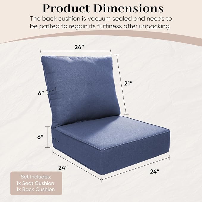 Luxury Outdoor Seat Cushion Set-24 x 24 x 6 Inch Outdoor Chair Cushions Set of 2 - Image 3