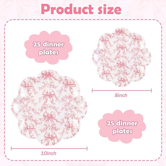 Quera 50 Pcs Pink Bow Paper Plates Coquette Party Supplies Pink Floral - Image 2