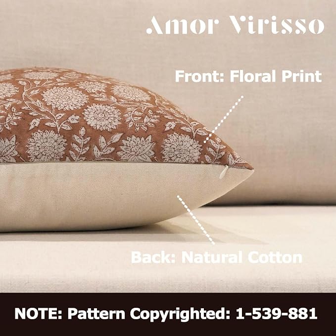 Amor Virisso Floral Throw Pillow Covers 20x20 Block Print Pillow Covers Vintage - Image 2