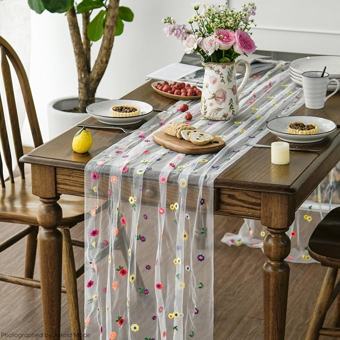Artoid Mode Embroidery Daisy Gauze Table Runner 120 Inch 10FT, Seasonal Sheer - Image 5