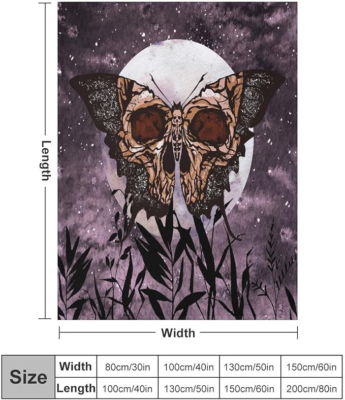Death Moth Blanket, Boho Gothic Skull Moth Purple Starry Plant Full Moon - Image 2