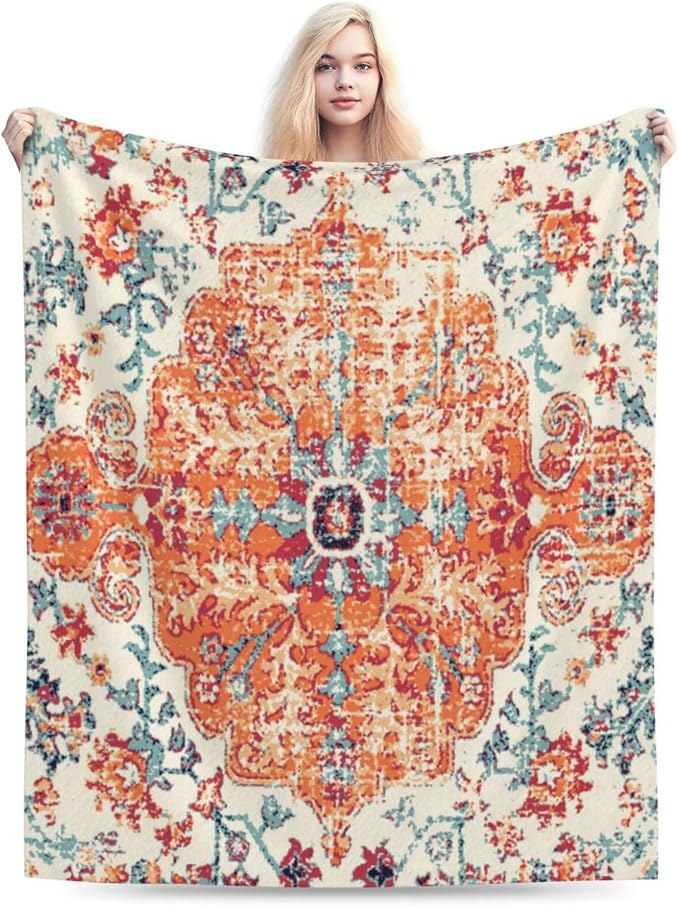 HGOD DESIGNS Carpet Pattern Throw Blanket Boho Style Ethnic Design Orange Blue - Image 6
