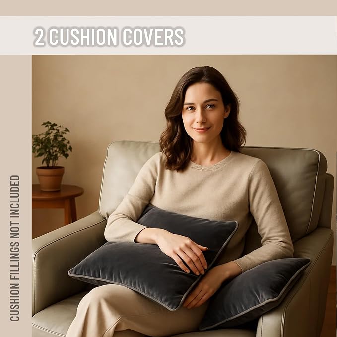2 Pack Velvet Decorative Throw Pillow Covers, Deep Grey, Contrast Piping - Image 3