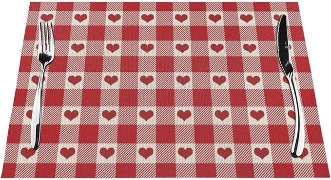 Valentine's Day Placemats Set of 4, Checked Love Hearts Decorative Table Mat 12 - Image 2