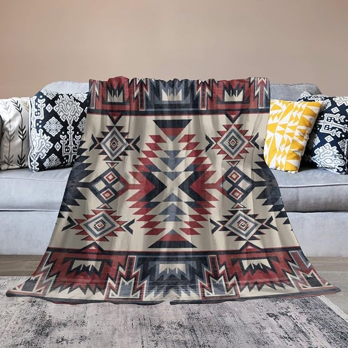 Southwest Blanket, Tribal Indian Throw Blanket Red Black Aztec Ethnic Geometric - Image 6