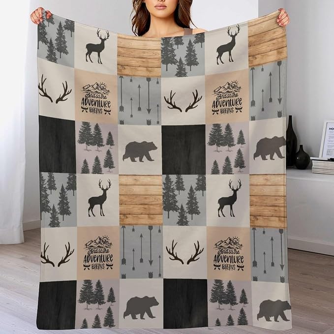 Rustic Cabin Throw Blanket, Retro Camping Bear Deer Farmhouse Wildlife Tree - Image 8