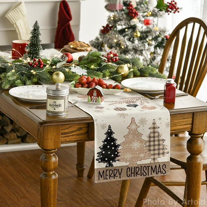 Artoid Mode Brown Pine Trees Snowflake Merry Christmas Table Runner, Winter - Image 4