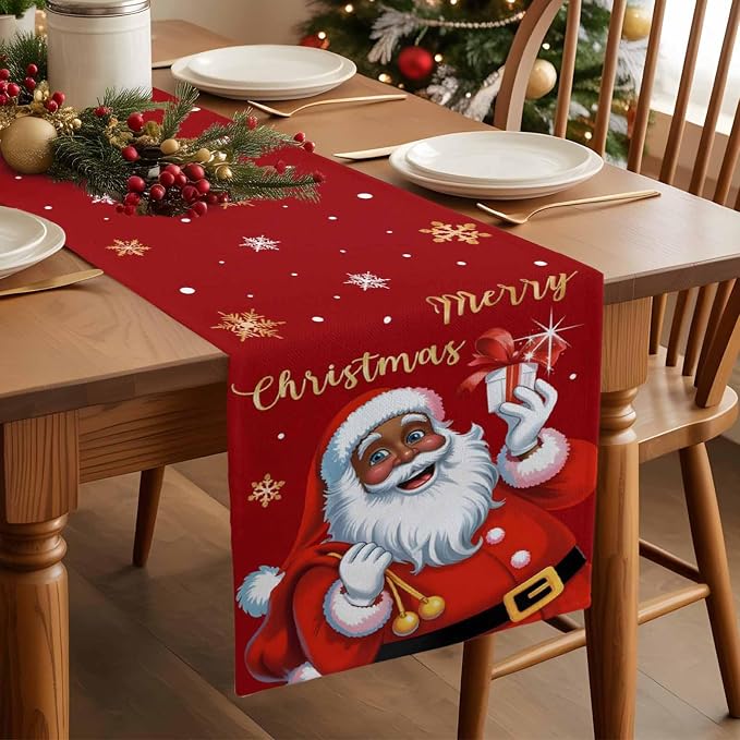 Black Santa Claus Table Runner, 13x120 Inch, Merry Christmas Table Runners Xmas - Image 2