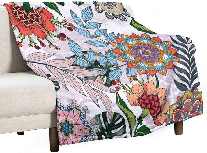 Boho Flowers Blanket for Women Girls, Rustic Bohemian Mandala Palm Leaves by JanJCurt
