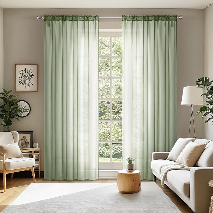 MIULEE 2 Panels Sage Green Sheer Curtains 108 inches Long Window Curtains Rod by MIULEE