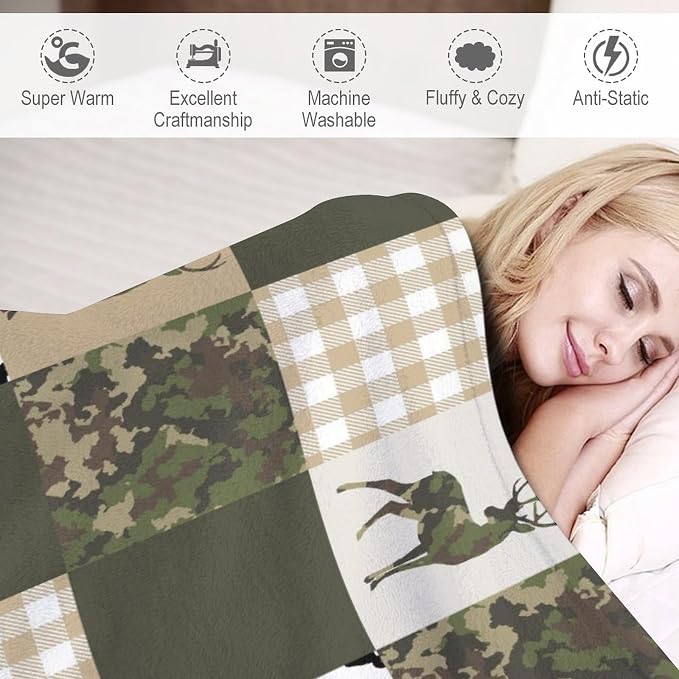 Camouflage Deer Blanket, Vintage Camo Green Beige Plaid Rustic Cabin Wildlife - Image 4