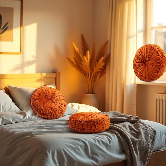 2 Pcs Round Throw Pillows 15 Inch Decorative Velvet Pleated Pumpkin Floor Boho - Image 7