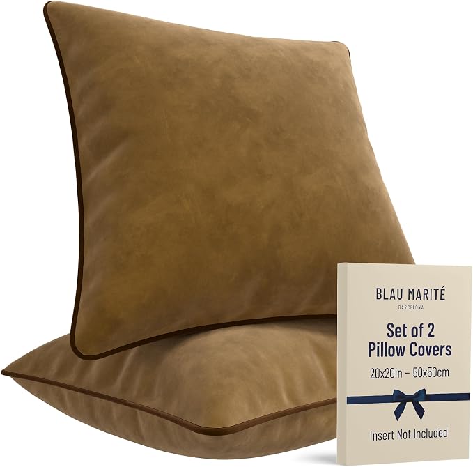 2 Pack Velvet Decorative Throw Pillow Covers, Camel and Brown, Contrast Piping by BLAUMARIT%C3%89