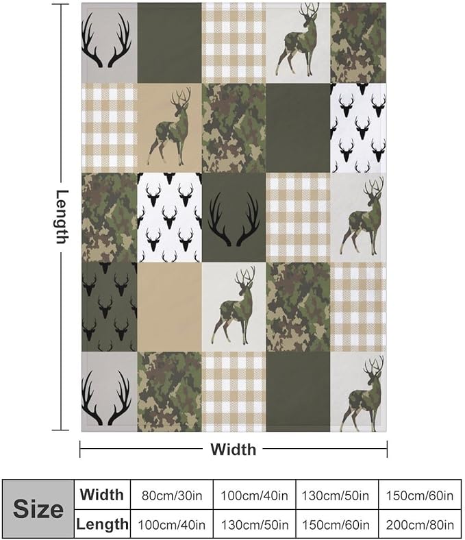 Camouflage Deer Blanket, Vintage Camo Green Beige Plaid Rustic Cabin Wildlife - Image 2
