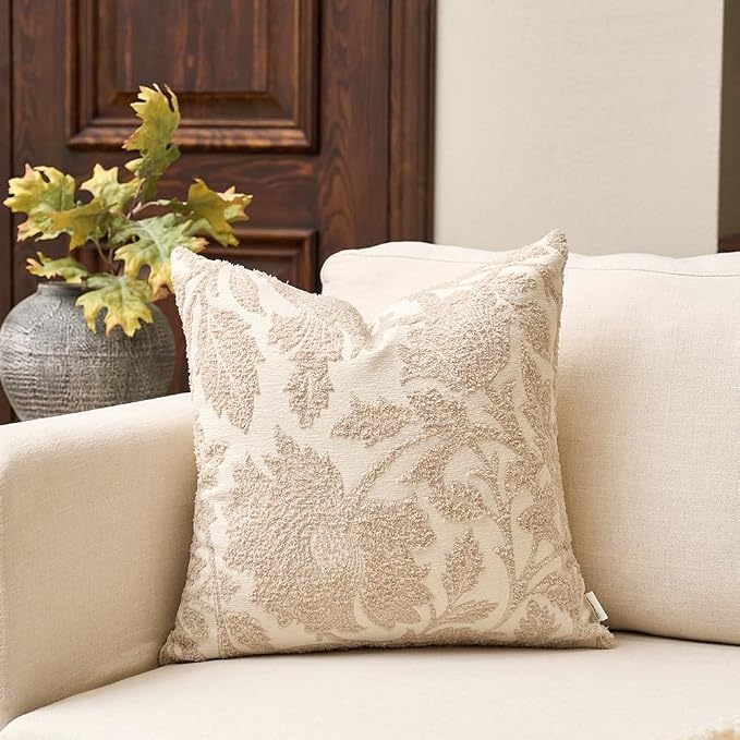 Yangest Chenille Floral Pillow Cover 18 x18 Inches, Neutral Jacquard Square by Yangest