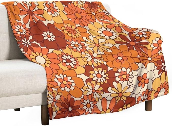 Vintage 70s Throw Blanket, Boho Hippie Bright Orange Flowers Groovy Abstract by JanJCurt