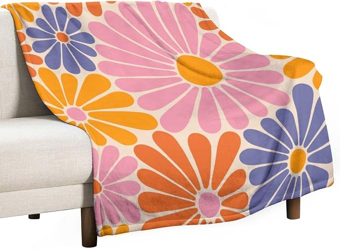 1970s Hippie Floral Throw Blanket, Retro Orange Pink Blue Flower Boho Groovy by JanJCurt