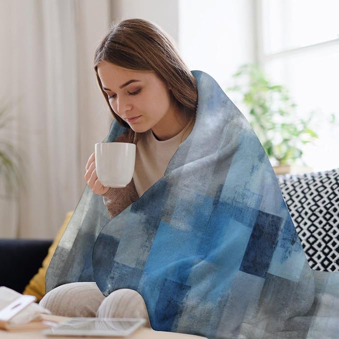 Fashion Gradient Blanket, Modern Art Abstract Blue Grey Check Painting Strokes - Image 7