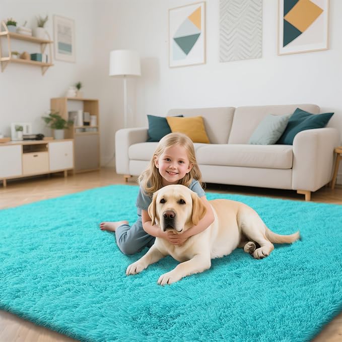 Teal Blue Rug Fluffy Rugs, 5x8 Teal Area Rugs - Image 5