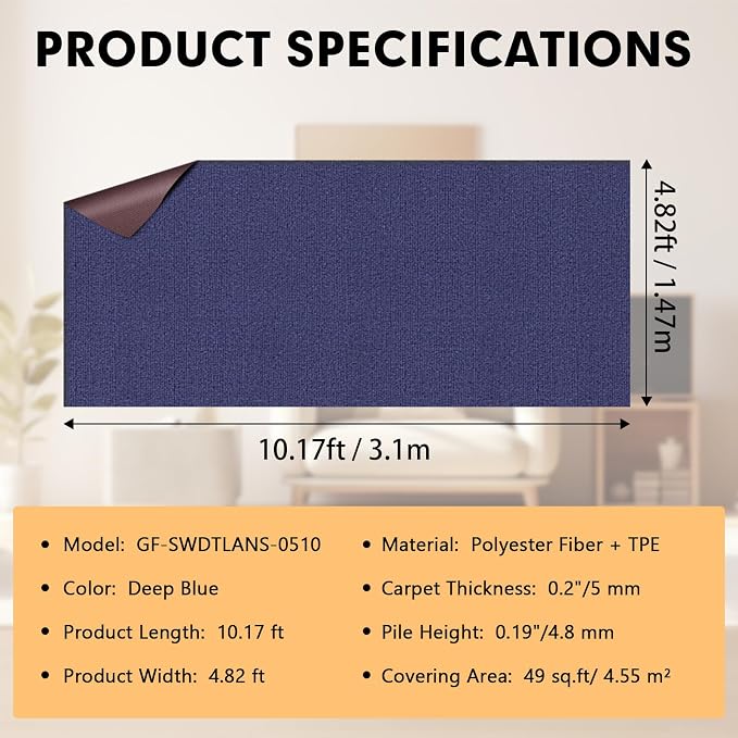Marine Carpet, 5 FT x 10 FT Deep Blue Indoor Outdoor Carpet 0.2" Thick Boat - Image 2