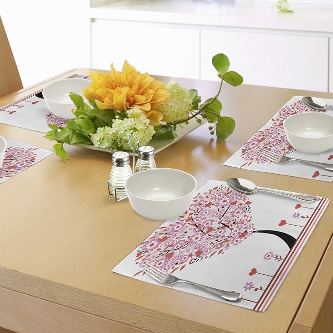 Ambesonne Valentine Place Mats Set of 4, Heart Shaped Tree Daisies Wildflowers - Image 4