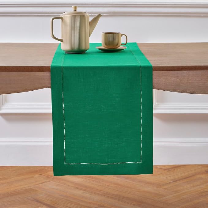 Solino Home Linen Emerald Green Hemstitch Table Runner 48 Inches by SolinoHome