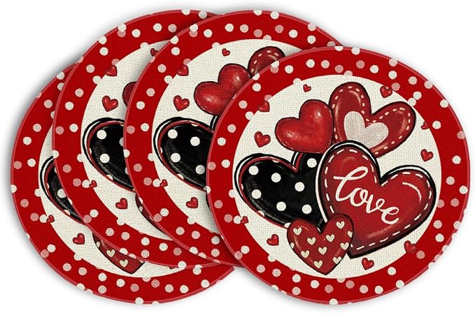 Artoid Mode Dot Hearts Love Red Valentine Round Placemats Set of 4, 14 Inch by ArtoidMode