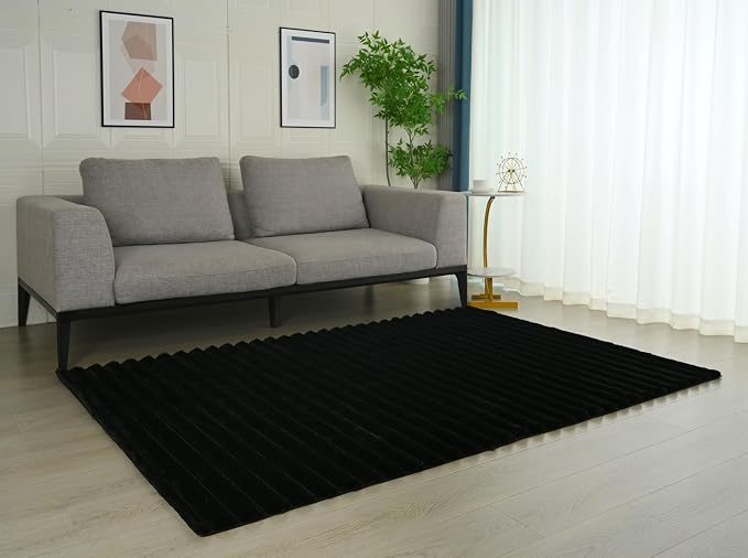 GLORY RUGS Area Rugs Striped Soft Faux Rabbit Fur Rug 8x10 Becky Black Plush - Image 2