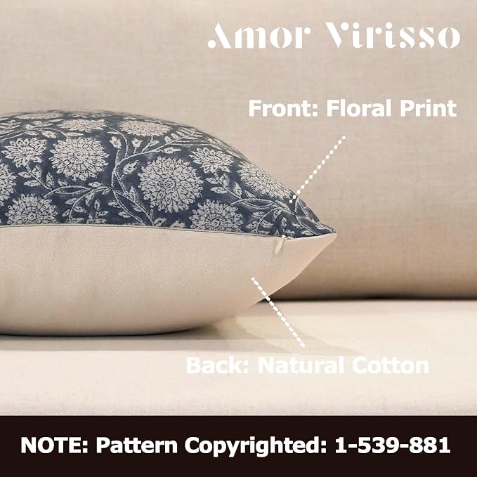 Amor Virisso Floral Pillow Covers 18x18 Throw Pillow Covers Vintage Block Print - Image 2