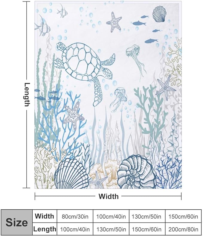 Nautical Turtle Throw Blanket, Coastal Sea Ocean Theme Coral Starfish Seashell - Image 2