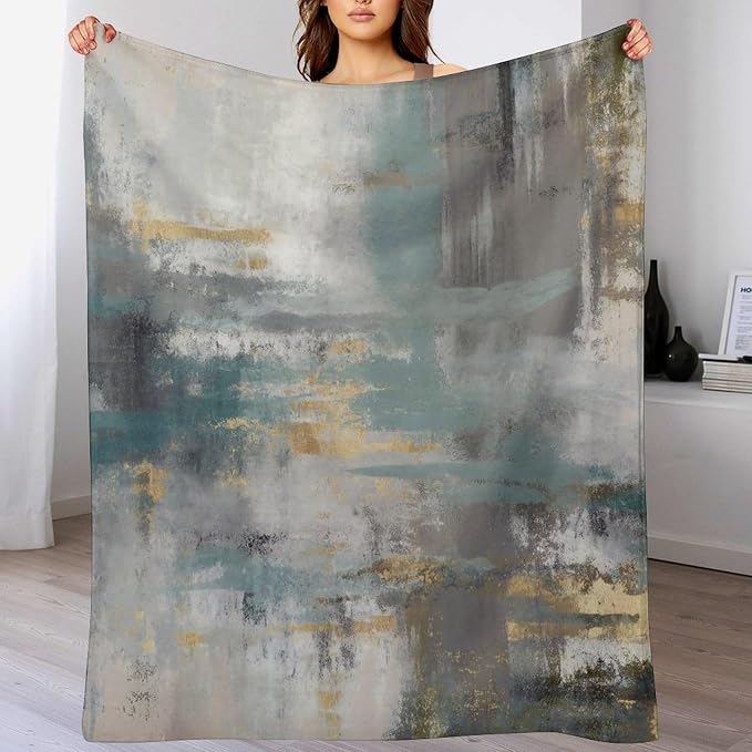 Fashion Gradient Blanket, Modern Art Baroque Gold Grey Green Painting Strokes - Image 5